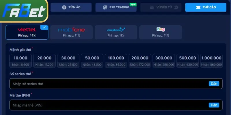 Sử dụng các loại thẻ cào để giao dịch tại trang Fabet